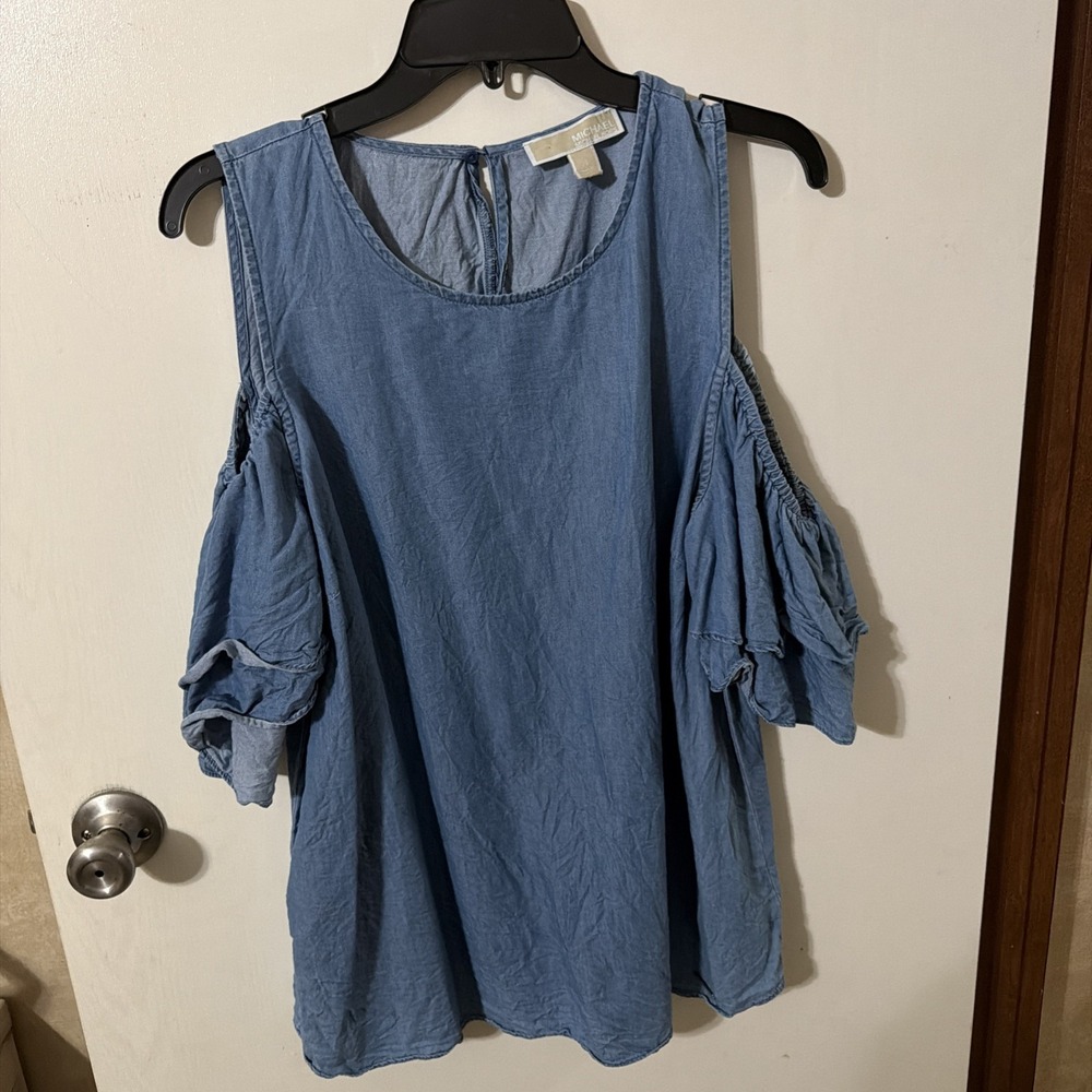 Michael Michael Kors Tiered-Sleeve Cold-Shoulder Denim Like Top XL